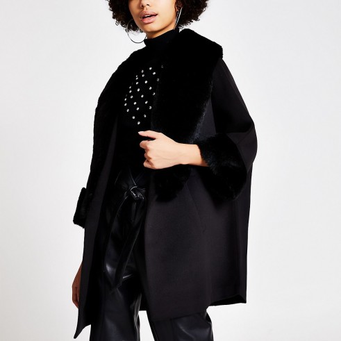 RIVER ISLAND Black faux fur trim cape swing coat / chic vintage look coats