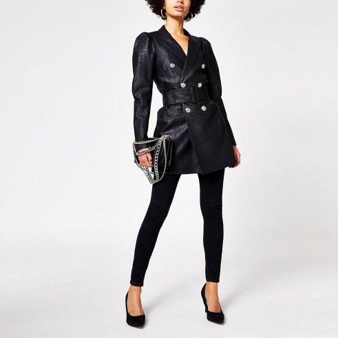 River Island Black faux leather puff sleeve belted blazer | going out jackets - flipped