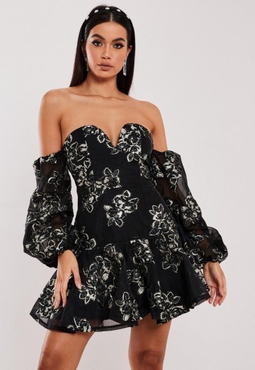 MISSGUIDED black floral applique bardot mini dress / strapless party dresses - flipped