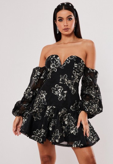 MISSGUIDED black floral applique bardot mini dress / strapless party dresses
