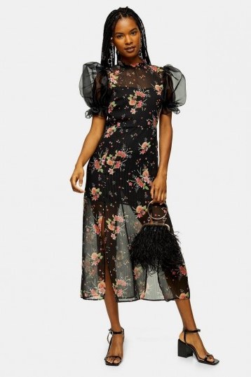 Topshop Black Floral Printed Organza Midi Dress | semi sheer occasion dresses - flipped