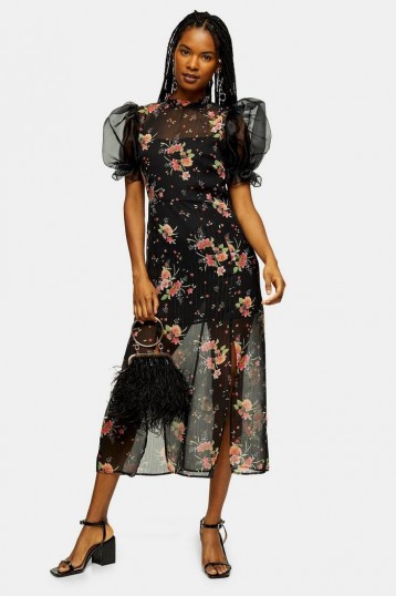 Topshop Black Floral Printed Organza Midi Dress | semi sheer occasion dresses