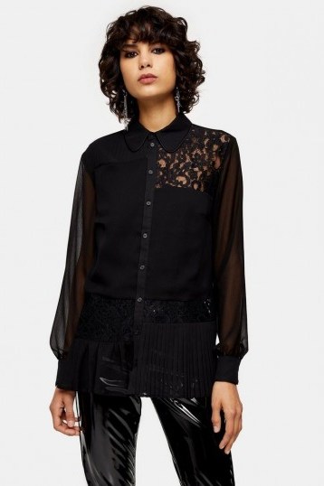 Topshop Black Lace Mix Technique Shirt – panelled shirts - flipped