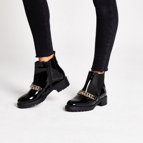 RIVER ISLAND Black patent chunky chain ankle boots