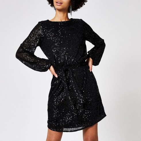 TOPSHOP Black sequin embellished tie waist dress / lbd / party dresses - flipped