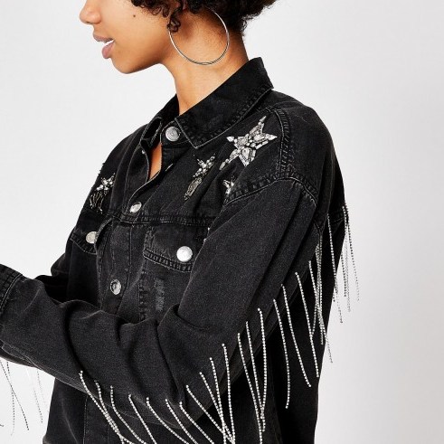 River Island Black star embellished denim shirt | fringed shirts - flipped