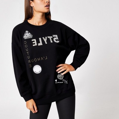 RIVER ISLAND Black ‘5TYLE’ embellished sweatshirt / slogan sweat top - flipped