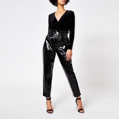 RIVER ISLAND Black vinyl faux leather paperbag trousers - flipped