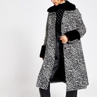 RIVER ISLAND Black zebra print faux fur trim swing coat / vintage style glamour / glamorous winter coats
