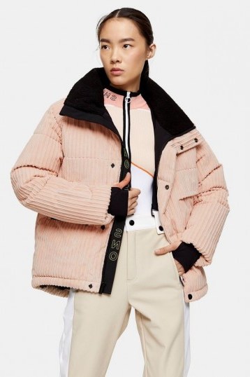 Topshop SNO Blush Corduroy Ski Jacket – pink cord skiing jackets - flipped