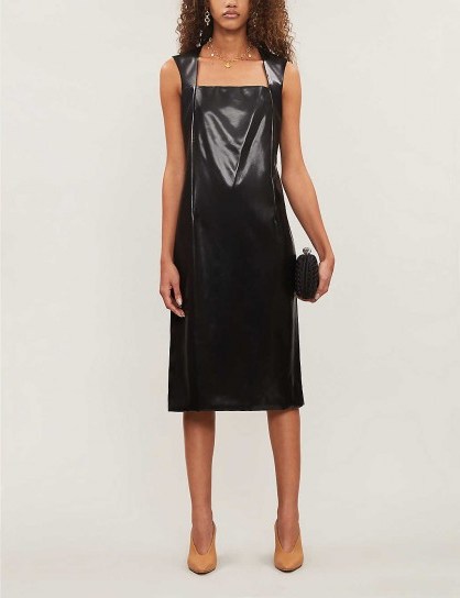 BOTTEGA VENETA Square-neck faux-leather midi dress in black - flipped