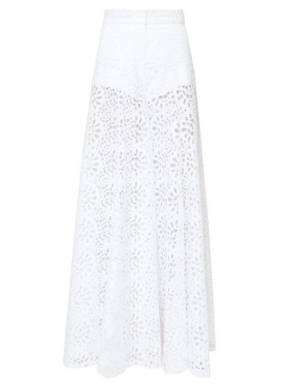 CAROLINA HERRERA Broderie-anglaise cotton palazzo trousers in white ~ semo sheer cut-out pants