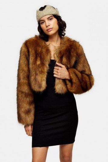 Topshop Brown Cropped Faux Fur Coat | vintage style winter jackets - flipped