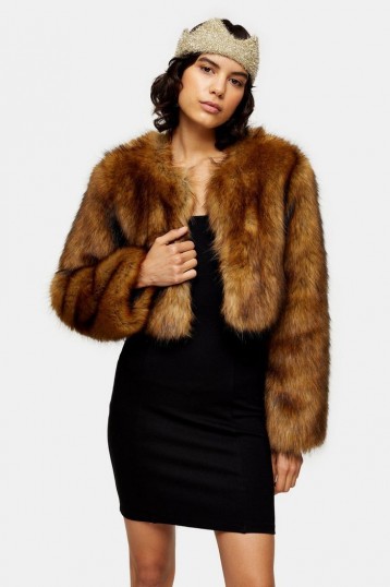 Top Brown Cropped Faux Fur Coat, Brown Faux Fur Coat Cropped