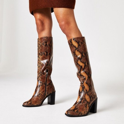 RIVER ISLAND Brown leather snake print knee high boots - flipped