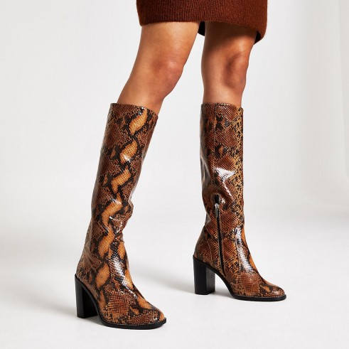 RIVER ISLAND Brown leather snake print knee high boots