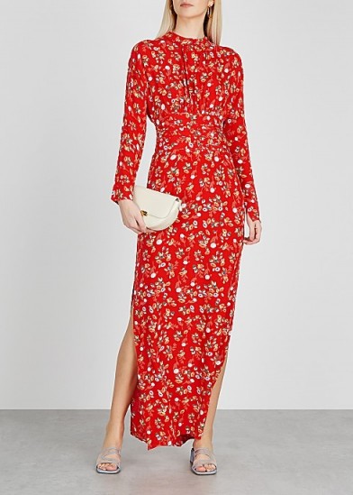 BYTIMO Gathers red floral-print maxi dress ~ long side split dreses
