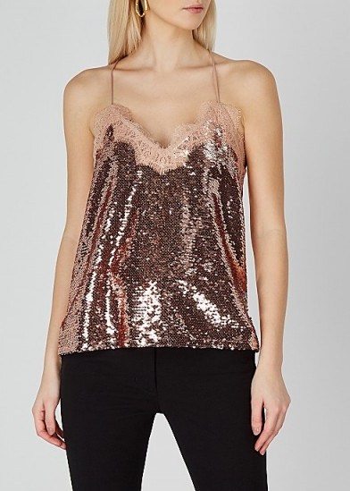 CAMI NYC The Racer lace-trimmed sequin top in rose gold ~ sequinned camisoles - flipped