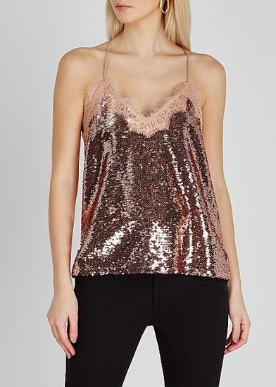 CAMI NYC The Racer lace-trimmed sequin top in rose gold ~ sequinned camisoles