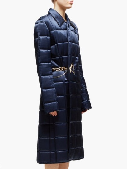 BOTTEGA VENETA Chain-embellished quilted-satin coat in navy – blue designer coats