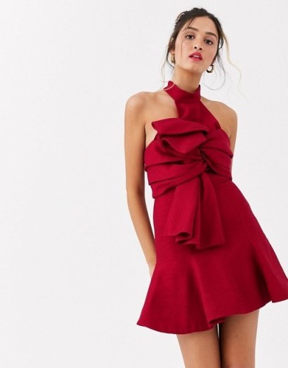 C/Meo tie front high neck mini dress in red | berry coloured occasion dresses - flipped