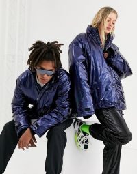COLLUSION Unisex high shine puffer jacket in blue | shiny funnel neck padded jackets