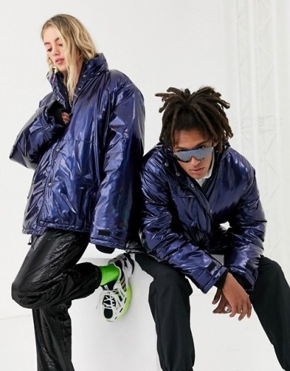 COLLUSION Unisex high shine puffer jacket in blue | shiny funnel neck padded jackets - flipped