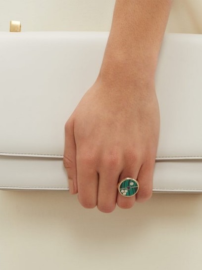 RETROUVAI Compass diamond, sapphire, malachite & gold ring ~ round green stone rings