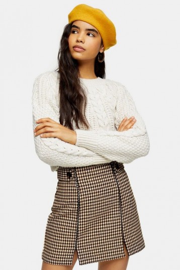 Topshop Cream And Tan Check Split Mini Skirt | front slit skirts