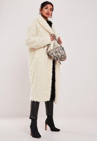 MISSGUIDED cream borg teddy curly shawl collar coat – textured luxe style winter coats - flipped