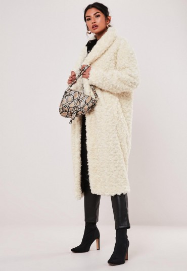 MISSGUIDED cream borg teddy curly shawl collar coat – textured luxe style winter coats
