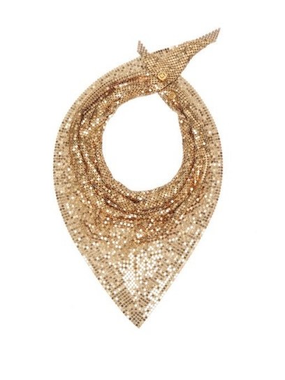 PACO RABANNE Crystal-embellished chainmail mesh triangle scarf in pale gold / shimmering accessory - flipped