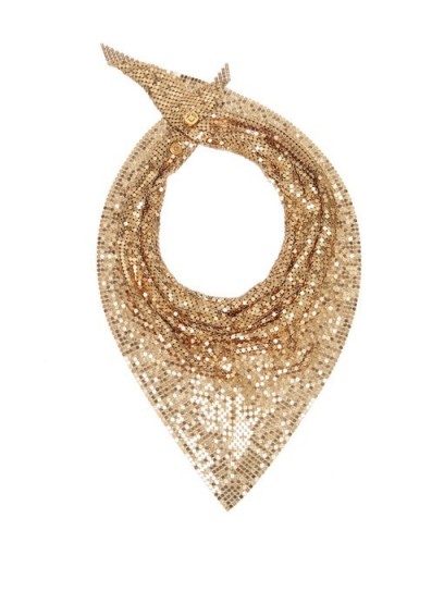 PACO RABANNE Crystal-embellished chainmail mesh triangle scarf in pale gold / shimmering accessory