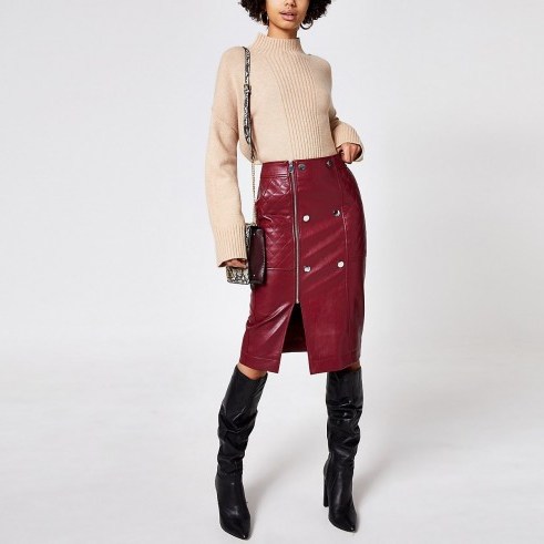 River Island Dark red quilted faux leather midi skirt - flipped