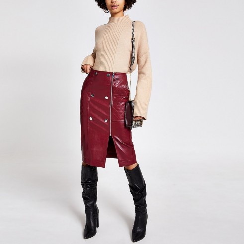 River Island Dark red quilted faux leather midi skirt