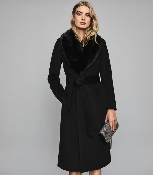 REISS DAWSON FAUX FUR SHAWL COLLAR COAT BLACK ~ classic belted winter coats - flipped