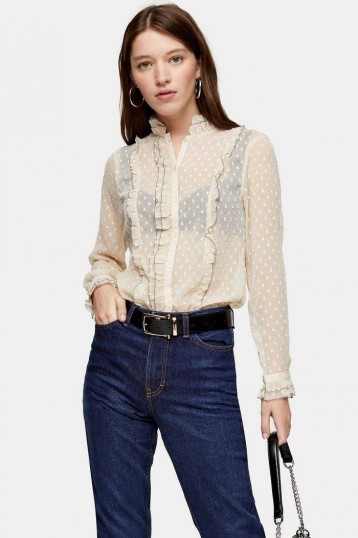 TOPSHOP Dobby Blouse With Pie Crust in Cream / frill trimmed blouses