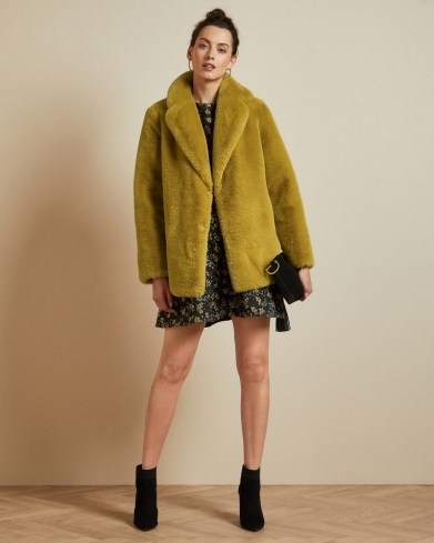 TED BAKER ZENNA Double breasted faux fur coat in yellow - flipped
