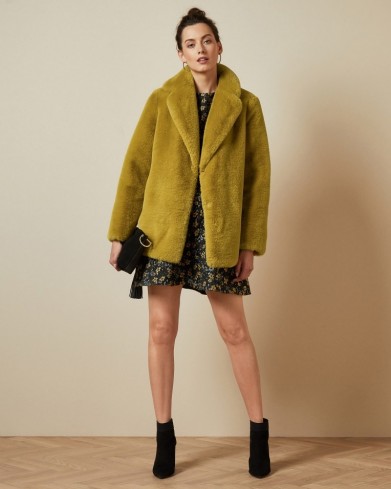 TED BAKER ZENNA Double breasted faux fur coat in yellow