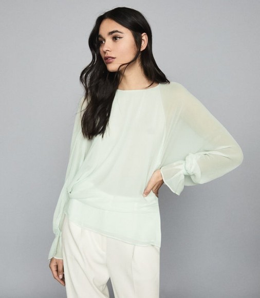 REISS EBONI SEMI SHEER DETAILED BLOUSE TURQUOISE ~ fluid fabric blouses