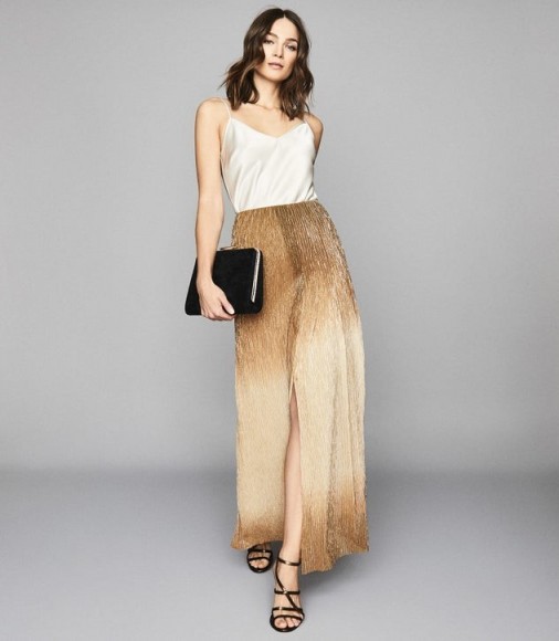 REISS EMMELINE METALLIC MAXI SKIRT GOLD ~ long luxe event skirts