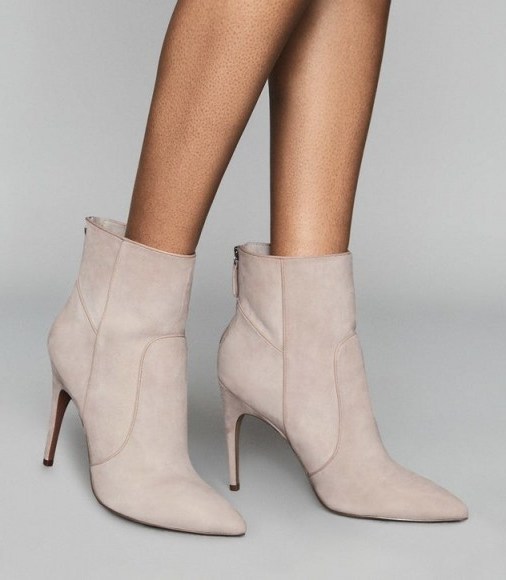 REISS ENYA SUEDE POINT TOE HEELED ANKLE BOOTS TAUPE - flipped