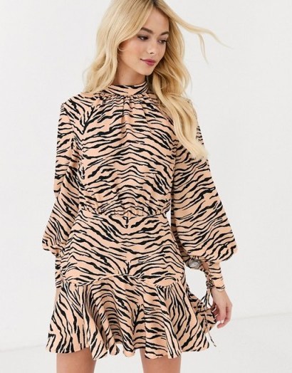 Finders Keepers high neck long sleeve dress in tiger print / flippy hem dresses - flipped
