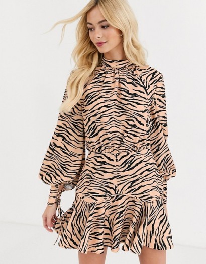 Finders Keepers high neck long sleeve dress in tiger print / flippy hem dresses