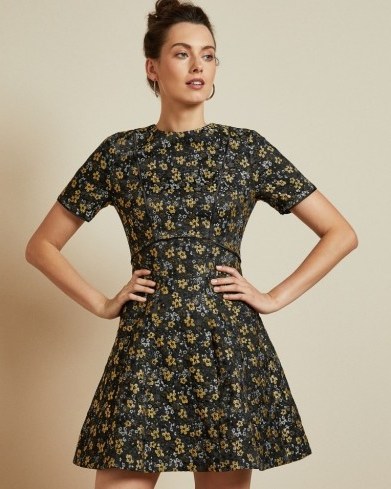 TED BAKER DIVWINE Floral jacquard skater dress in black / metallic fit and flare - flipped