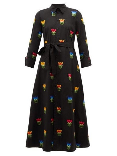 CAROLINA HERRERA Black floral-embroidered belted cotton-poplin shirtdress ~ designer shirt dresses - flipped