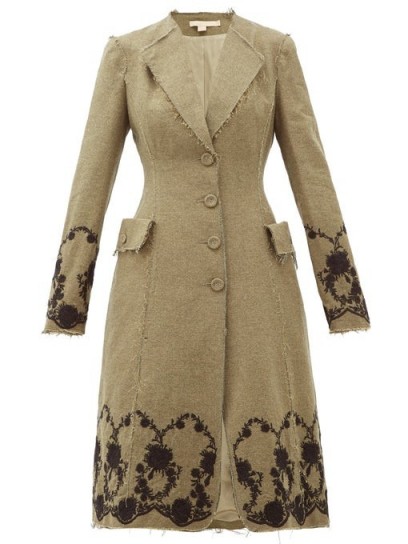 BROCK COLLECTION Floral-embroidered tweed coat in khaki-brown ~ raw edged coats