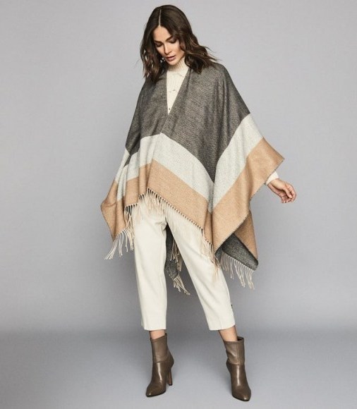 REISS GIA COLOUR BLOCK PONCHO CAMEL ~ capes ~ fringed ponchos ~ chic winter cover-up - flipped