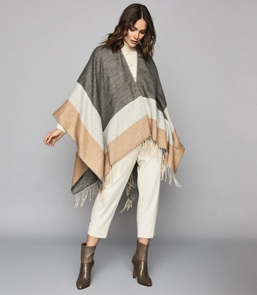 REISS GIA COLOUR BLOCK PONCHO CAMEL ~ capes ~ fringed ponchos ~ chic winter cover-up