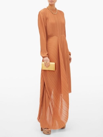 PREEN BY THORNTON BREGAZZI Glenda pleated asymmetric-hem georgette dress in tan ~ elegant event wear ~ effortless evening style